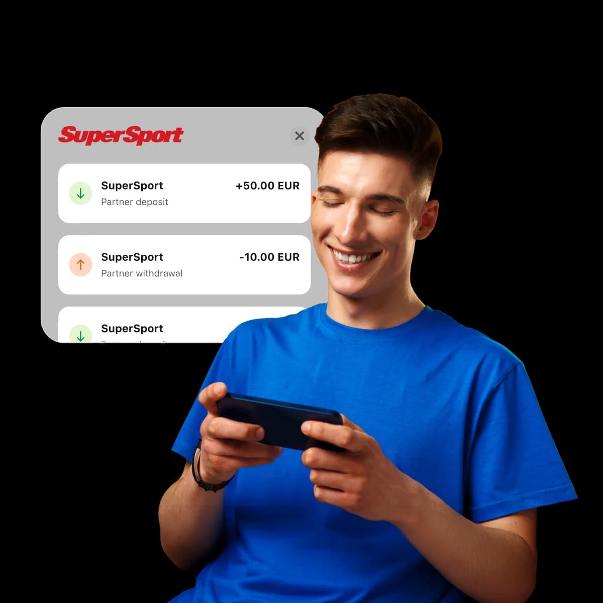 Smiling person in a blue shirt using a smartphone, with a SuperSport transaction list showing deposits and withdrawals in the background.