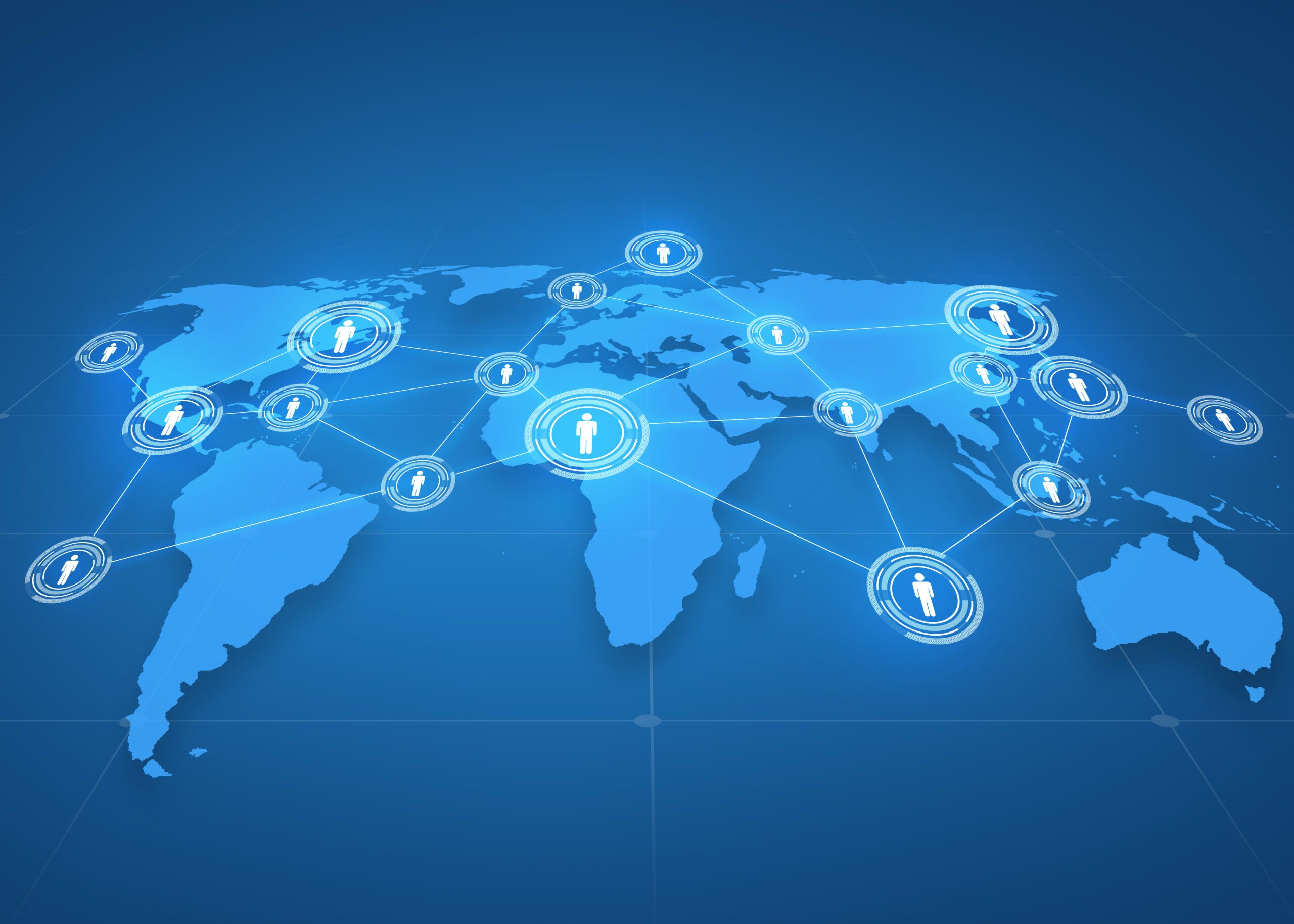 global business, social network, mass media and technology concept – world map projection with people icons over blue background